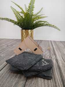 4 Engraved Slate Coasters and Holder